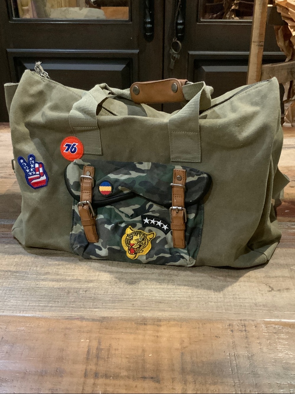 Steve Madden Olive Green Canvas Duffel with Camo Front Pocket